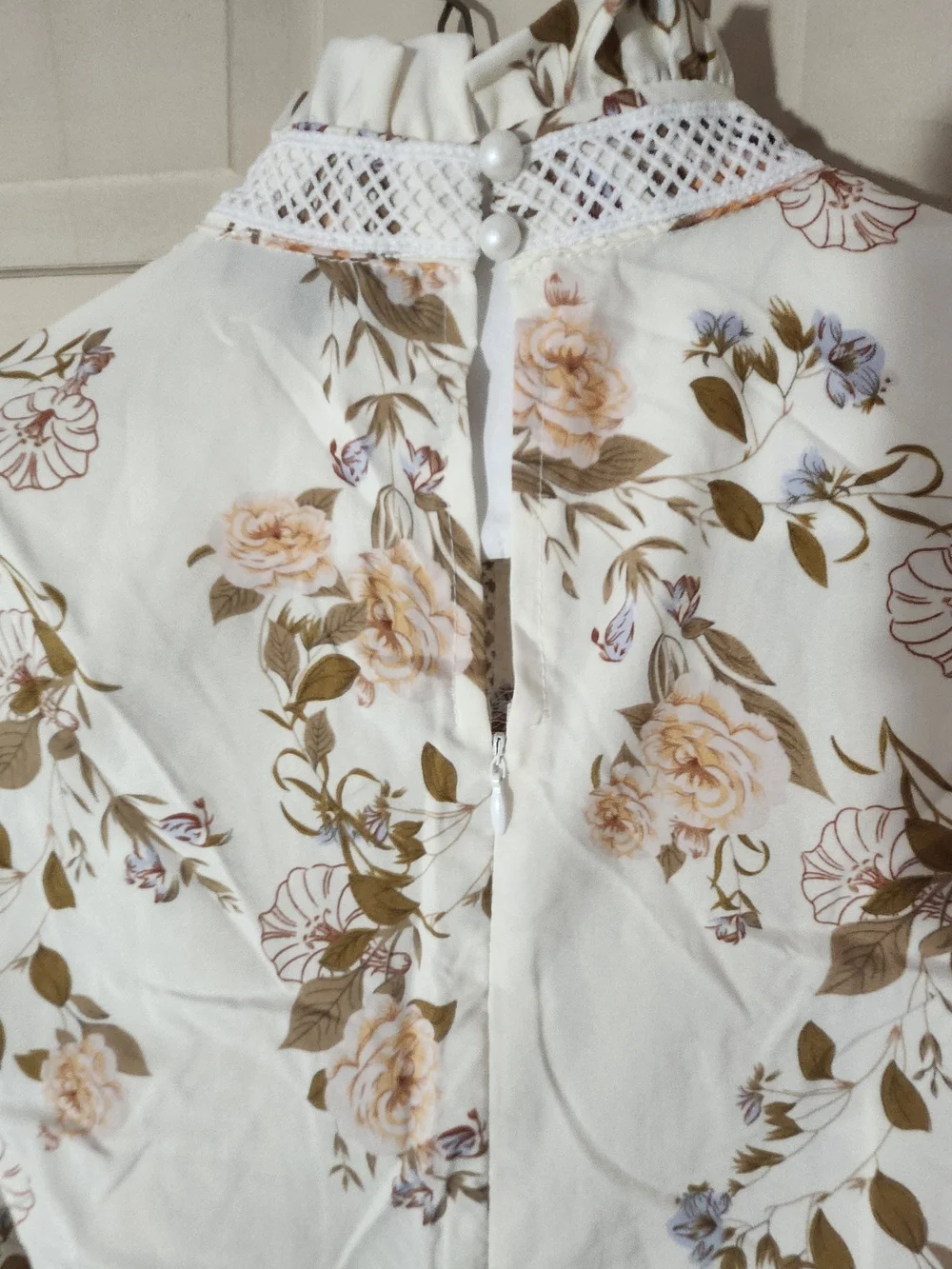Floral Lace-Trim Long Sleeve Cream Dress with Tie Waist